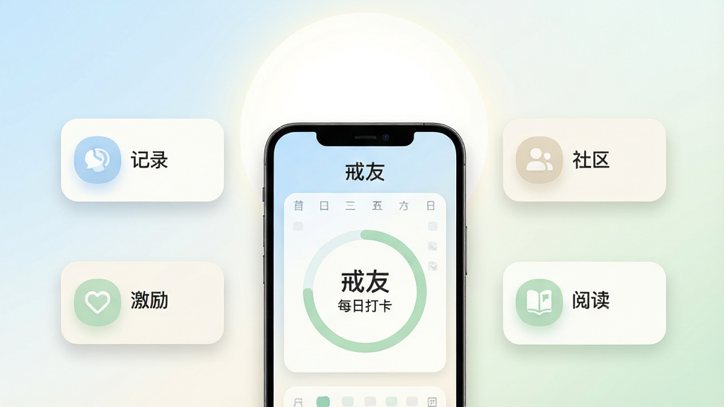 画面主体是一部竖屏手机,屏幕中央显示简洁的打卡日历界面与进度环,界面顶部有