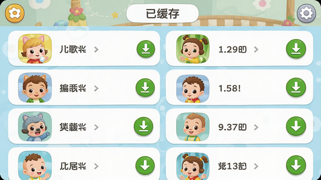 宝宝巴士儿歌HD离线缓存界面,横屏布局,画面中显示儿歌列表,每首儿歌右侧有下载图标,部分已下载内容显示绿色对勾,顶部有“已缓存”标签页,界面风格为儿童应用管理界面,色彩柔和,细节清晰,画质干净