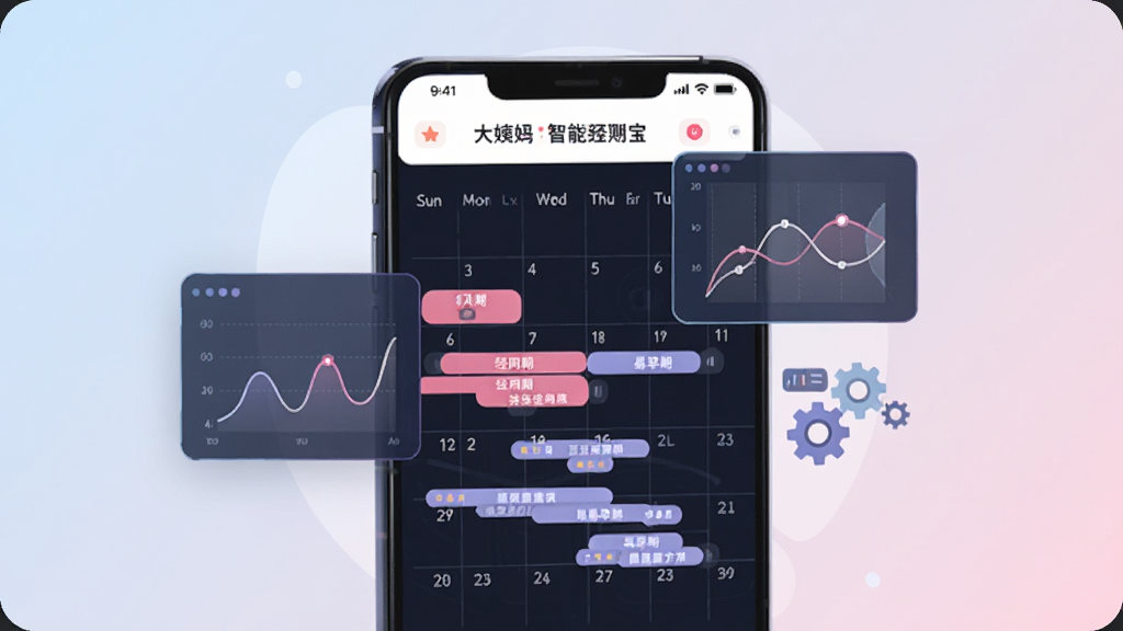 主视觉为一部手机屏幕,屏幕上展示大姨妈经期宝的智能预测日历,日历中用粉色条块标注经期、用淡紫色标注易孕期,屏幕旁边漂浮着数据曲线图和齿轮图标,象征算法运算,整体风格为科技感与柔和感结合的扁平插画,背景为浅蓝到浅粉的渐变,画面干净整洁,画质高清