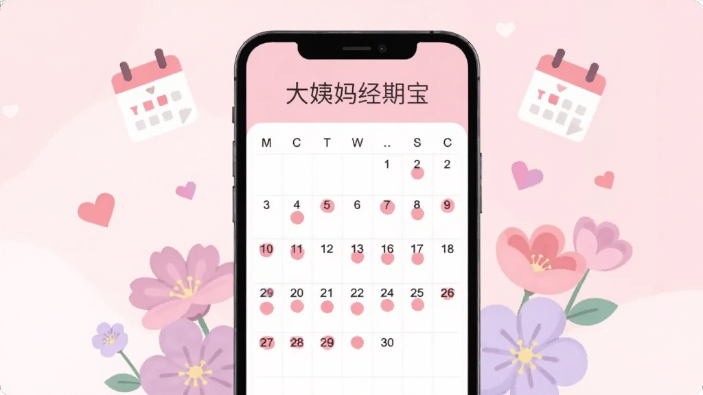 画面中央是一部竖屏手机,手机屏幕上显示大姨妈经期宝的日历界面,日历上用柔和的粉红色圆点标记经期日期,屏幕上方有“大姨妈经期宝”字样,手机周围环绕着粉色与浅紫色的花朵、小日历图标和爱心符号,整体采用清新柔和的扁平插画风格,背景为浅粉色渐变,细节精致,画质清晰干净,无多余元素
