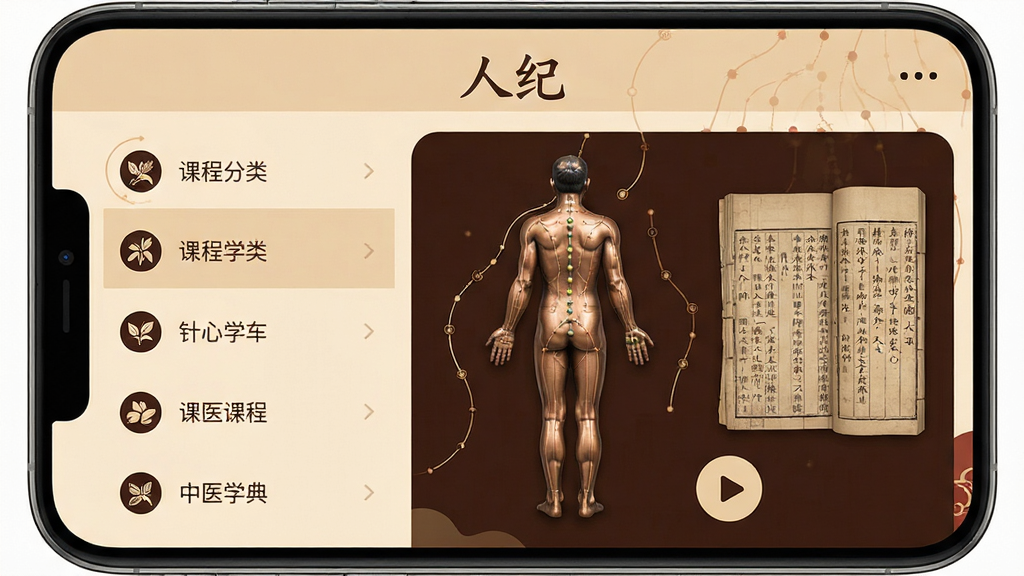 手机屏幕居中展示中医经典学习应用界面,顶部标题栏写