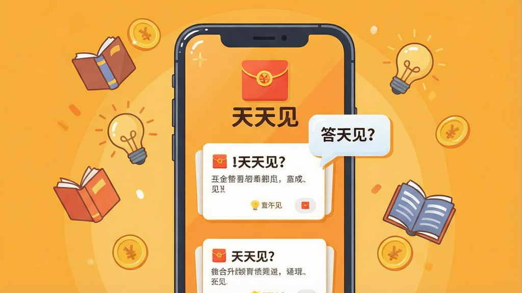 一幅手机应用场景插画,画面中央是一部竖屏智能手机,屏幕上显示“天天见”答题界面,上方有红包图标和题目卡片,背景为明亮温馨的橙黄色调,周围漂浮着书本、灯泡、金币等小元素,布局居中对称,风格为扁平化卡通插画,细节包括手机边框、按钮高光、题目文字气泡,画质清晰干净,无多余杂乱元素