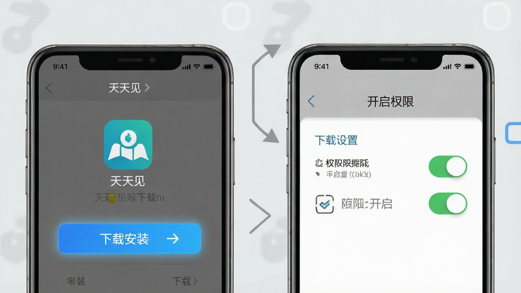 一幅手机操作指南示意图,画面中央为“天天见”应用安装界面和权限设置页面对比展示,左侧显示下载安装按钮,右侧显示权限开启开关,背景为浅灰色简洁风格,布局为左右分栏对比,细节包括手机边框、按钮高亮、权限图标,画质清晰干净,无多余元素
