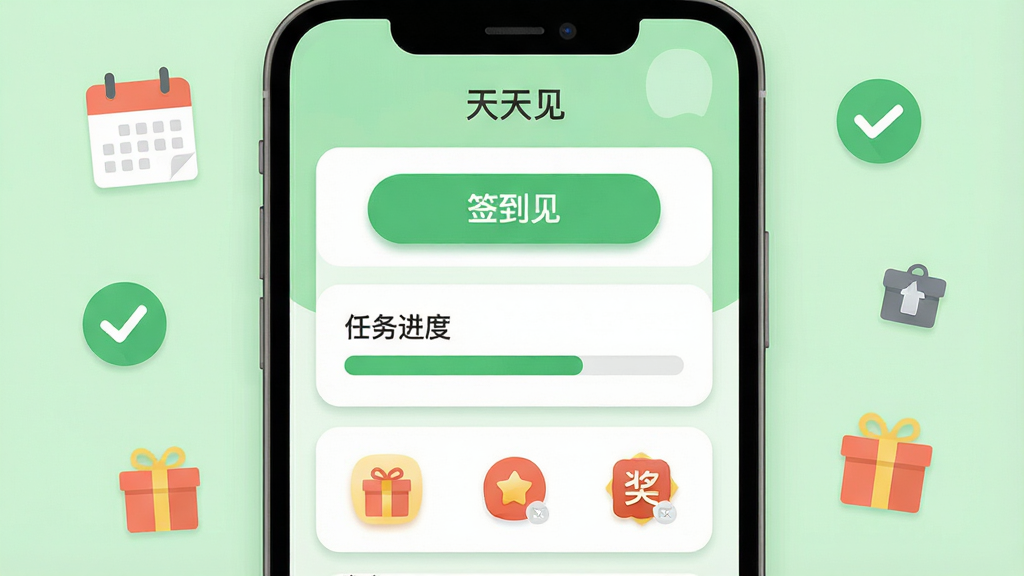 一幅每日任务主题界面图,画面中央为“天天见”应用的任务列表页面,显示签到按钮、任务进度条和奖励图标,背景为浅绿色清新色调,布局为手机屏幕居中展示,周围有日历、对勾、礼物盒等小图标点缀,风格为清爽扁平设计,细节包括任务卡片圆角、进度条填充、按钮阴影,画质清晰干净,无多余元素