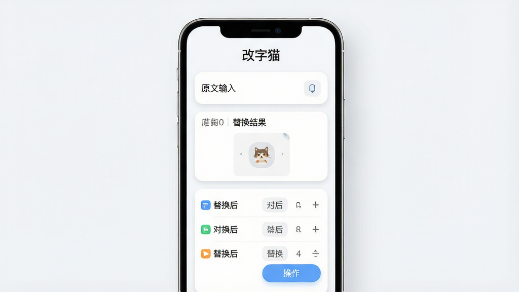 һ��չʾ�ֻ�Ӧ�ý���Ĳ�Ʒչʾͼ������������һ�����������ֻ�����Ļ����ʾһ����Ϊ������è���������滻���������棬���涥��Ϊ������è�����ֱ�ʶ���в�Ϊԭ����������滻���Ԥ�������·�Ϊ�滻ǰ������б��������ť���������������׳��㣬���������ˬ��ǳɫ�Ƽ����ϸ�ڴ��ɼ�Բ�ǿ�Ƭ�������Ӱ����ͼ�꣬���������ɾ����޶���װ��Ԫ��