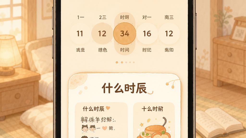 �ֻ���Ļ��ʾ����ʱ��ѡ����棬�Ϸ�Ϊʱ��ѡ�������·�Ϊ�����Ƭ����Ƭ����д�š�ʲôʱ���������岼�����½ṹ��ůɫ����ɫ���廭�����ͣ�ϸ�ڷḻ�����ʸɾ����޶���Ԫ��