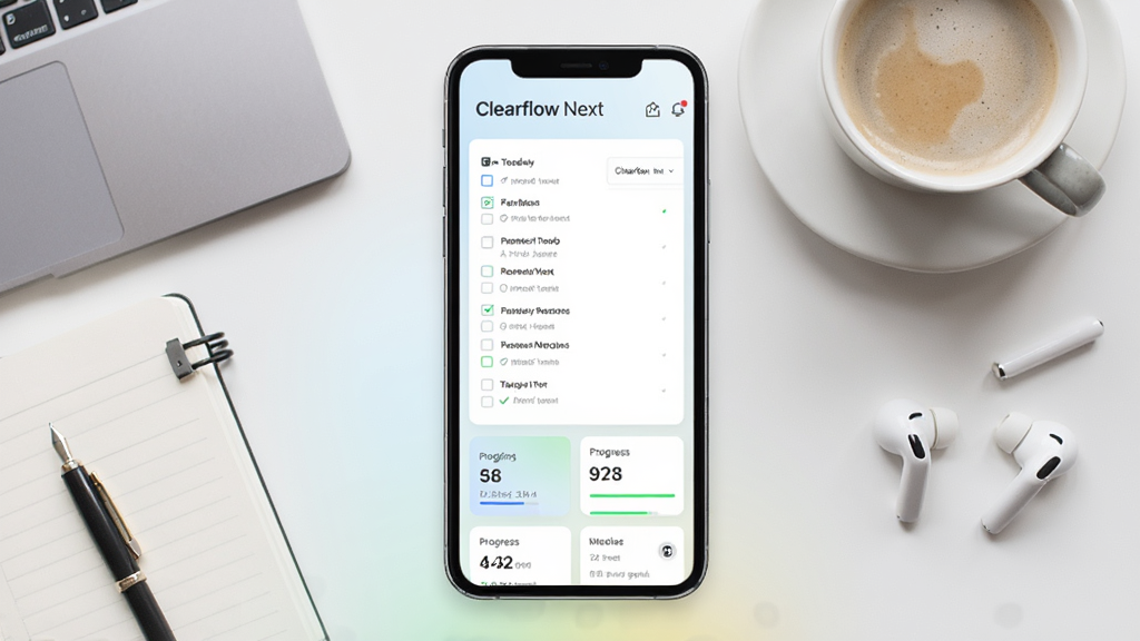 һ��չʾ Clearflow Next ������������ֻ���Ļ��ͼ����������Ϊ��ˬ�Ĵ����б�����ȿ�Ƭ������Ϊǳɫ���䣬���ܻ����űʼǱ������ȱ������߶����Ȱ칫Ԫ�أ����������ִ����Ű���У����������ɾ����޶���������װ��