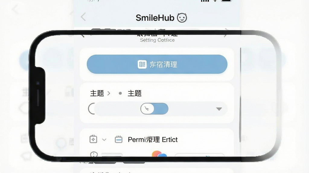 һ���ֻ�����ʾ��ͼ������չʾ��SmileHub��Ӧ���ڵ���������ҳ�棬��������������ť�������л�ѡ����Ȩ�޹�����ڣ�������ǳɫΪ�����������������ʵ�ü�࣬ϸ�ڸɾ��������������޶���Ԫ��