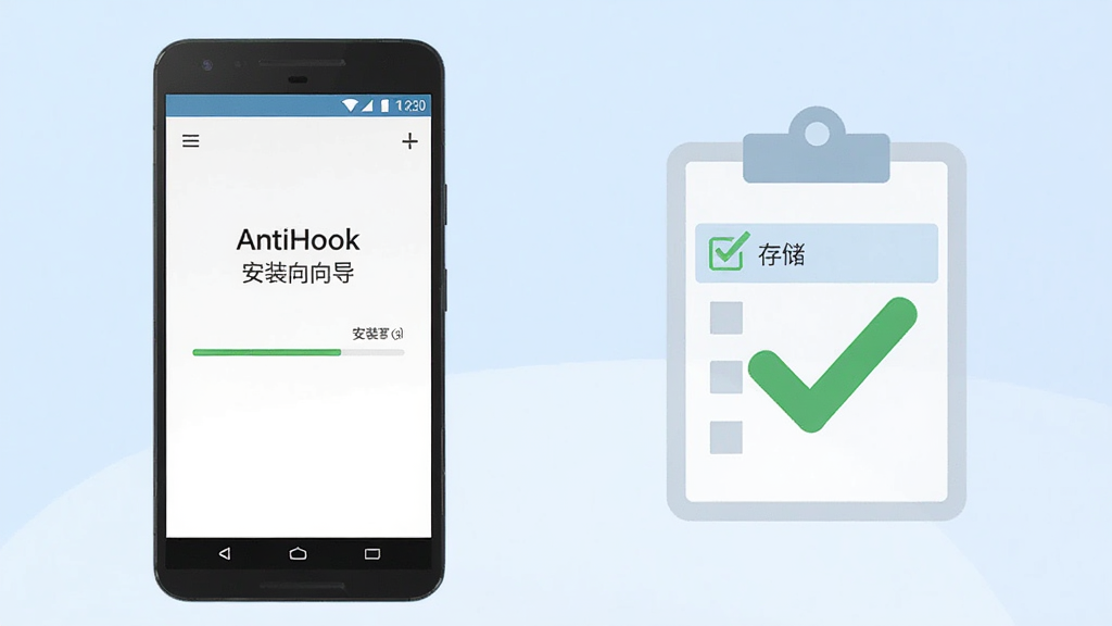 ����Ϊһ����׿�ֻ���Ļ��ʾ AntiHook ��װ��ҳ�棬�Ա߷���һ���򹴵�Ȩ���嵥ͼ�ꣻ����Ϊ���ֻ����嵥������Ϊǳ�����䣻�Ű����������Ϊ��ƽ���̳̲廭��ϸ�ڰ����嵥�Ͻ���ѡ���洢��һ��ֻ���Ļ�а�װ������������ɫ����ͣ������������ɾ����޶���Ԫ��