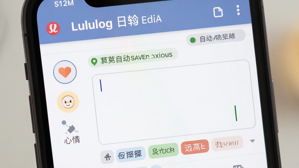 ����Ϊ�ֻ���Ļ��д��ʾLululog��־�༭���棬����Ϊ���½ṹ�Ϸ��������·����������Ű����Ϊ����ѡ��ͼ���Ҳ�Ϊ��������򣬷��Ϊ��Լ�ִ���ƽ�磬ϸ�ڰ��������˸���ݸ��Զ�������ʾ����ǩ��ť�����ʸ���ɾ��޶���Ԫ��
