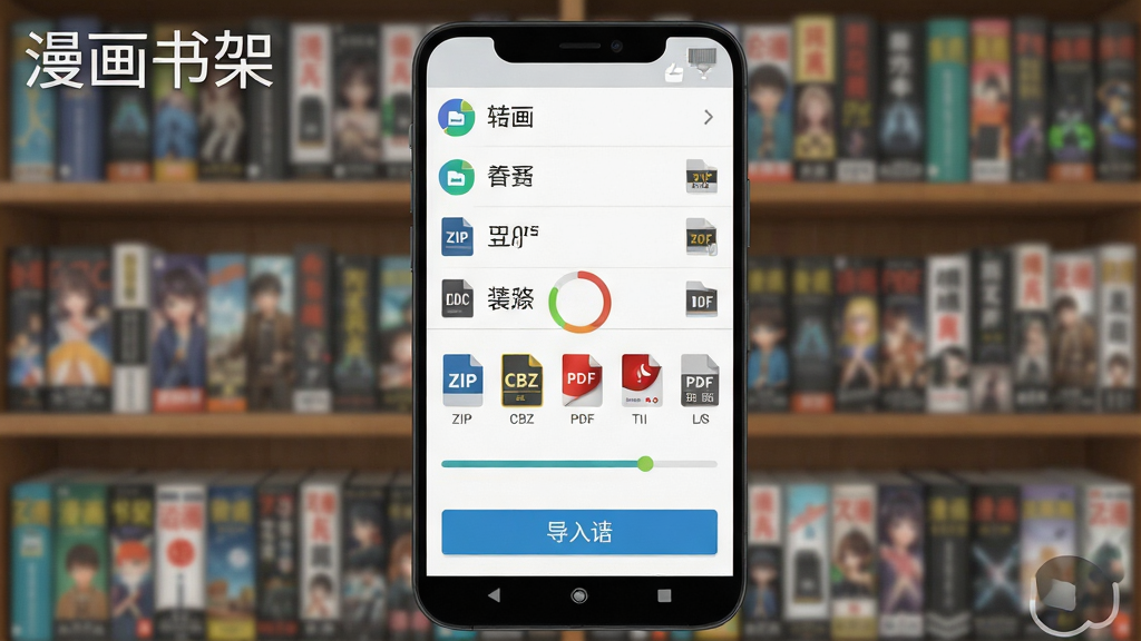 һ��չʾ������ܶ��ʽ���빦�ܵĳ���ͼ������Ϊһ����׿�ֻ�����Ļ����ʾ�ļ�ѡ������뵼�������������Ϊ�Ϸ��ļ��б����м��ʽͼ�꣨ZIP��CBZ��PDF�ȣ��������С��·����밴ť���Ű��������򣬷��Ϊ����ƽ����ƣ�ϸ�ڰ�����ɫ��ʽͼ�ꡢ���Ȼ����ļ�����ͼ�����ʸ��壬����ɾ����޶���Ԫ�أ������д��С�������ܡ�����