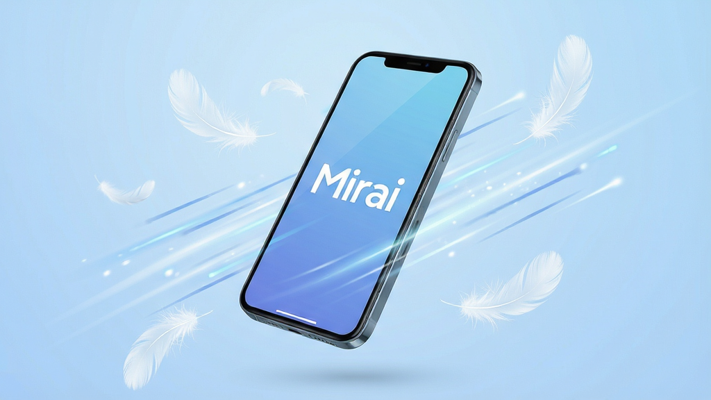 Mirai �������и���ͼ��һ���ֻ������ڻ������룬��Χ������ӯ����ë���ٶ�����������Ӧ��ռ��С�����п죬�ֻ���Ļ��ʾ Mirai ��־������Ϊ����ɫ���䣬������¿Ƽ��У�ϸ�ڸɾ�����������