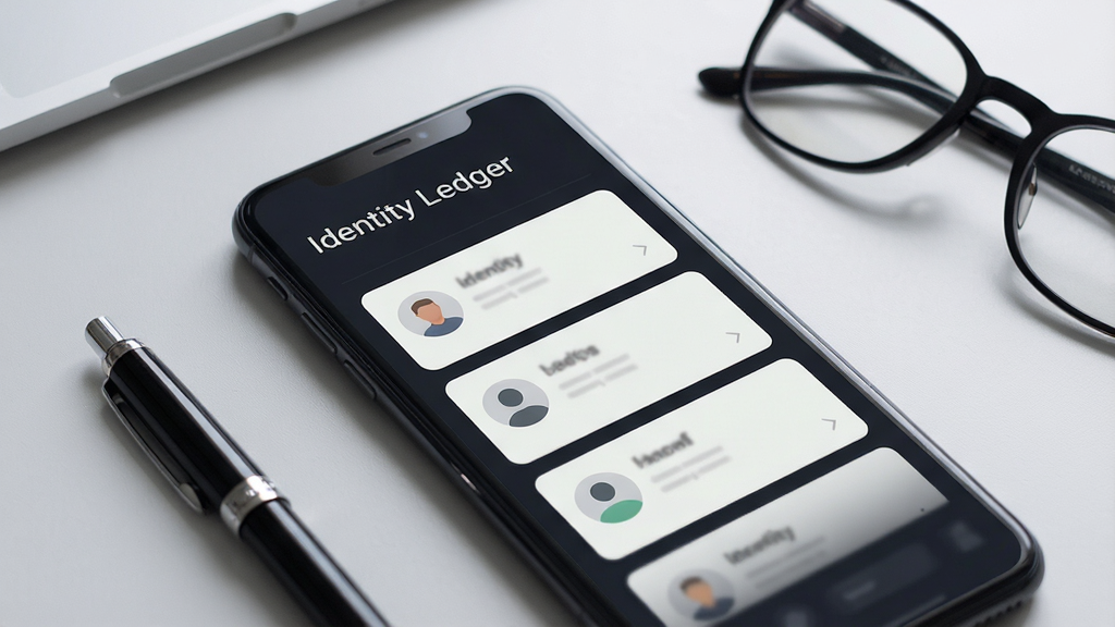 һ��չʾ�ֻ���Ļ��������ͼ����Ļ������ʾ Identity Ledger ���������棬���������ɫ��������ǳɫ��Ƭʽ���֣���Ƭ��������������Ŀ�б����������������ơ�Identity Ledger���������ֻ������ڸɾ���ǳ��ɫ�����ϣ��Ա���һ֧�ʺ�һ���۾��������������񣬹�����;��ȣ����������ɾ����޶���װ��Ԫ��