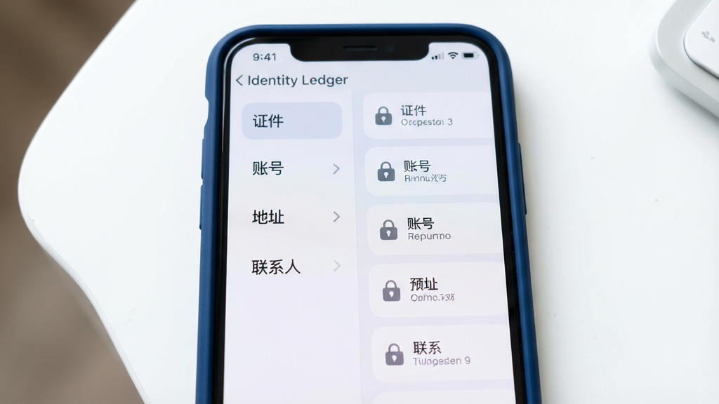 �ֻ���Ļ��д����ʾ Identity Ledger �ķ���鵵���棬����Ƿ����б�������֤�������˺š�����ַ������ϵ�ˡ��ȱ�ǩ���Ҳ�����Ŀ��Ƭ����Ƭ��������ͼ��ͼ�����֣��������ǳɫ���·��Բ�ǿ�Ƭ��ƣ��ֻ���Ϊ����ɫ������Ϊ�ɾ��İ�ɫ���棬����������������ͼ���У��޶���Ԫ��