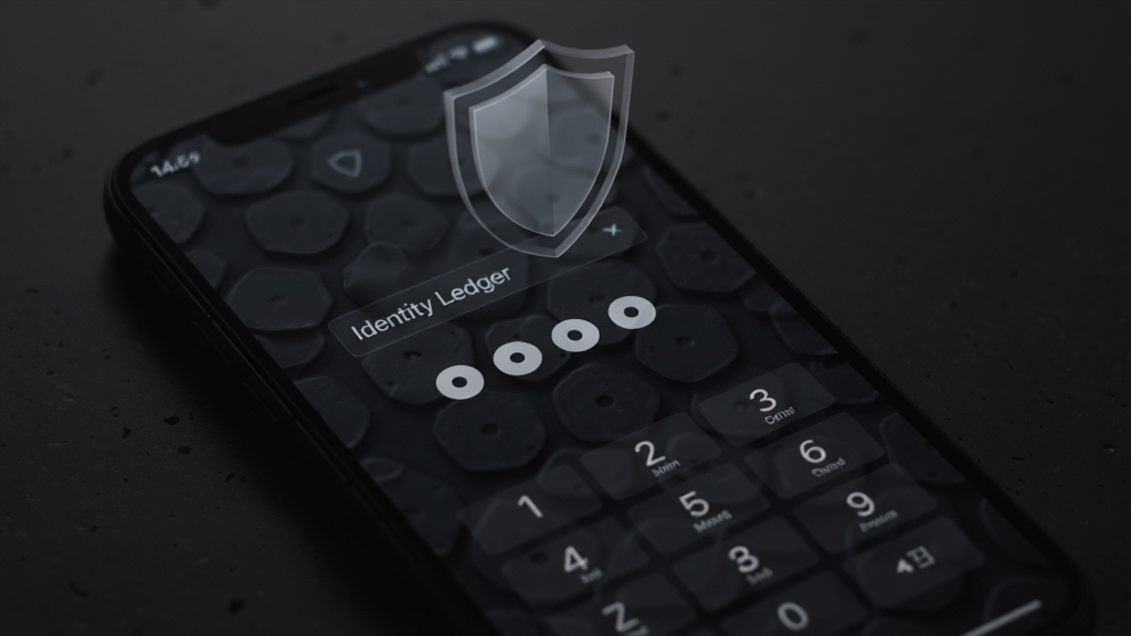 �ֻ���Ļ��ʾ Identity Ledger ����������������棬�����������ĸ�����Բ������ּ��̣�����Ϊ��ɫĥɰ�ʸУ��ֻ��Ϸ�������һ����͸���Ķ���ͼ�꣬��������Ȱ�ȫ������ƫ�����������������ʸɾ����䣬������û�ж������ֺ�װ��