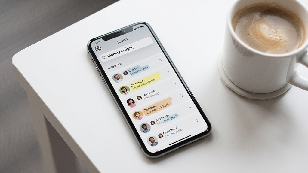 �ֻ�����չʾ Identity Ledger ���������ܣ���Ļ�Ϸ��������������˹ؼ��ʣ��·���ʾƥ�䵽��������Ŀ�б���ÿ��������и�����ǣ���������ˬ��Լ������Ϊǳ�ҽ��䣬�ֻ�����΢��б�ĽǶȷ����ڰ�ɫ�����ϣ��Ա���һ�����ȣ����ʸɾ�������������װ��