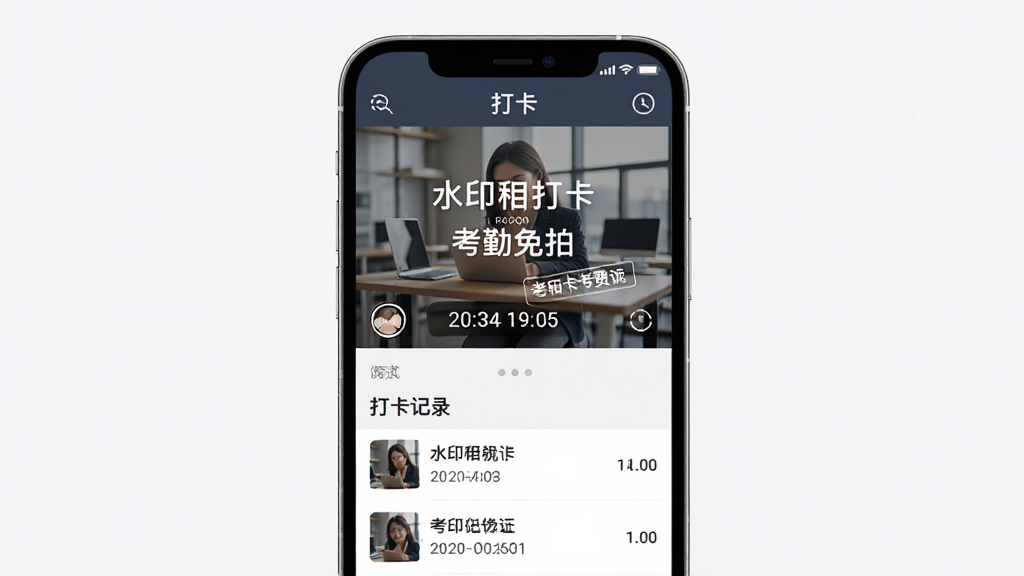 ����Ϊˮӡ����������Ӧ�ÿ��ڴ�ģʽ���棬��Ļ��ʾ���п���ר��ˮӡ�Ĵ���Ƭ��ʱ���¼������Ϊ�ֻ���Ļ���У��Ű��Ϸ�Ϊ����ˮӡ�����·�Ϊ�򿨼�¼�б������Ϊ����칫Ӧ�÷磬ϸ�ڰ�������ˮӡ��ʽ�淶��ʱ���¼����������ɫ�����ȣ����ʸ���ɾ��޶���Ԫ��