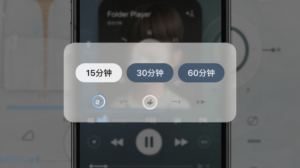 һ�� Folder Player ˯�߶�ʱ���ܵ�����ʾ��ͼ���ֻ���Ļ������ʾһ����͸�����㣬�������ж��ʱ��ѡ�ť��������15���ӡ���30���ӡ���60���ӡ������֣�����Ϊģ���Ĳ��������棬����Ϊ���е��������Ϊ�����ƶ��˽�����ƣ�ϸ�ڰ�����ťԲ�Ǻ�ѡ�и���״̬�������������ɾ����޶���Ԫ��