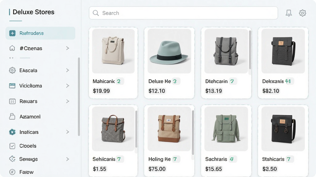 Deluxe Stores ��Ʒ������������ʾ��ͼ���������Ϊ���ർ�������Ҳ�Ϊ��Ʒ��Ƭ����ÿ�ſ�Ƭ�ϱ�ע��Ʒ���ƺͼ۸񣬶��������������岼�ֹ�����������ˬ��ǳɫϵ UI ���ϸ�����������ʸɾ�
