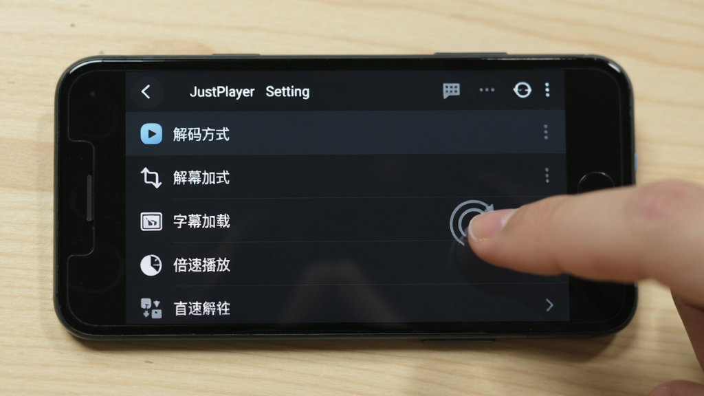 �ֻ���Ļ��ʾ��JustPlayer�����������ý��棬�б����н��뷽ʽ����Ļ���ء����ٲ��ŵ�ѡ��Ա�����ָ���ʾ�⣬����Ϊǳɫ���棬�������ֱ�ۣ�ϸ�ڰ���ͼ�������ֱ�ǩ�����ʸɾ��޶���Ԫ��
