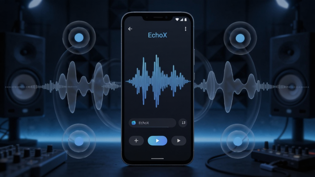 �����������һ����׿�ֻ����ֻ���Ļ��ʾ��EchoX����Ƶ���ν��棬����Ϊ��ɫ¼���ﻷ���������ɫ��Χ�ƹ⣬�ֻ���ΧƯ����͸��������������Բ�λ�������ͼ�꣬��ͼ���жԳƣ����Ϊ�ִ��Ƽ��б�ƽ�廭��ϸ�ڰ������θߵ��������ťԲ�����������ʸɾ��������޶���Ԫ��