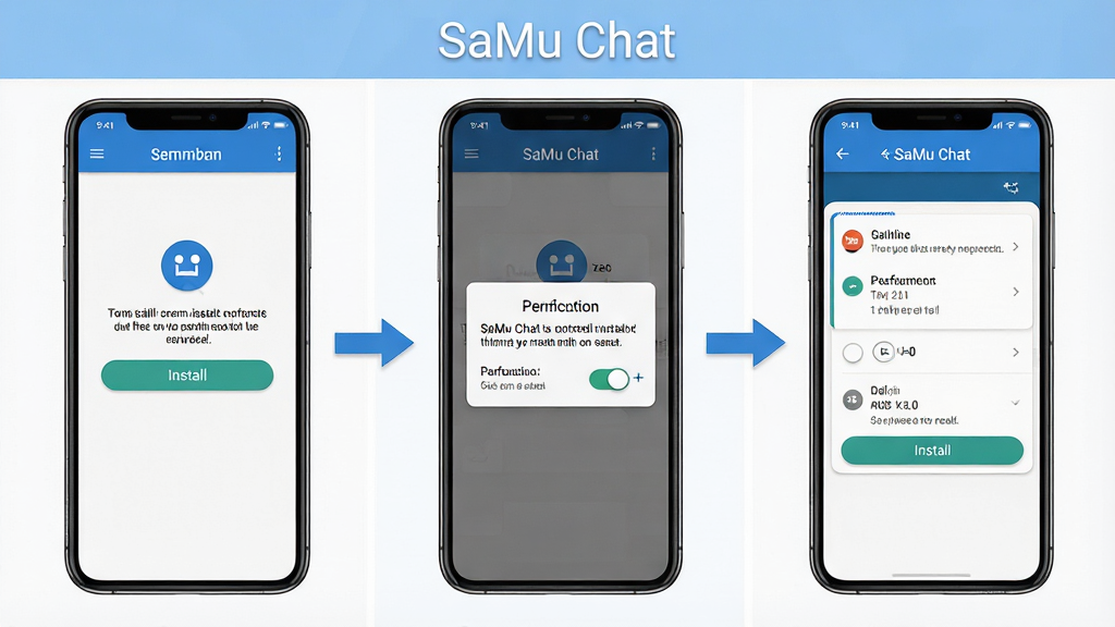 һ��չʾSaMu Chat��װ��Ȩ���������̵�ʾ��ͼ������Ϊ�ֻ���Ļ������չʾ��װȷ�ϡ�Ȩ�޵�����֪ͨ�������棬������ע��SaMu Chat������������Ϊ�������������Ű棬���Ϊ��ƽ���̳�ʾ�⣬��ɫ������Ϊ����ϸ�ڰ�����װ��ť��Ȩ�޿�������ʾ���֣���������������ɾ����޶���Ԫ��