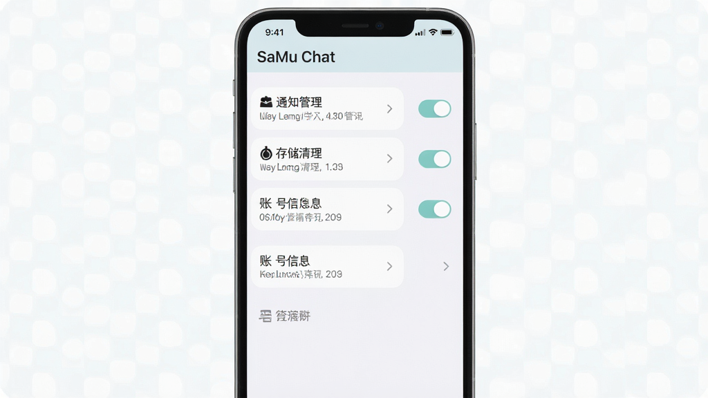 һ��չʾSaMu Chat����ҳ��Ľ���Ч��ͼ������Ϊ�ֻ���Ļ�ڵ������б�������֪ͨ�������洢�������˺���Ϣ����Ŀ��������������ʾ��SaMu Chat���������������룬���Ϊǳɫ������ƣ���ɫ��ͣ�ϸ�ڰ������ذ�ť���ͷͼ�꣬��������������ɾ����޶���Ԫ��