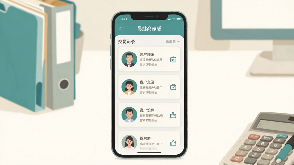 ��������Ϊ�������̼Ұ桱�ͻ�����ҳ�棬�ֻ���Ļ��չʾ�ͻ�ͷ���б��뽻�׼�¼��Ƭ���ֻ������ڻ������룬����Ϊ���İ칫�����棬�����ļ����������Ԫ�أ����Ϊ��ͱ�ƽ�廭��ɫ����������ů��Ϊ����ϸ�ڰ����ͻ���Ƭ�ϵ���������ͼ�ꣻ���������ɾ����޶���Ԫ�ء�