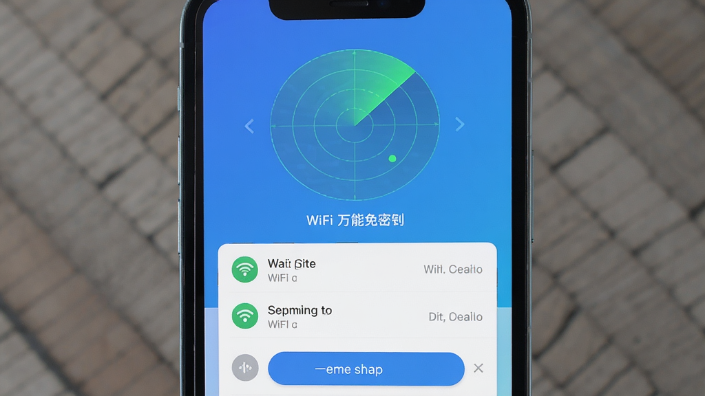 �ֻ���Ļ������ʾWiFi�������ܳ�Ӧ�������棬��ɫ���䱳�����Ϸ���Բ���״�ɨ�趯�����·������ܱ߿���WiFi�б���һ�����Ӱ�ť������ɾ���ˬ����ƽ��UI���ϸ������������ϸ�壬�޶���Ԫ��