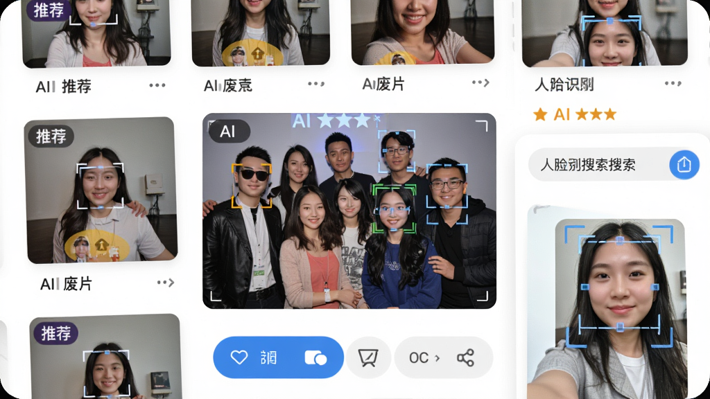 ��ʱ������App������д����Ļ������һ�Ż��Ӱ����Χ�����Ŷ��ű�AI���Ϊ���Ƽ����롰��Ƭ������Ƭ����ͼ�������Ҳ���ʾ����ʶ���������һ������ͷ�񣬲���Ϊ�ֻ�������зŴ�չʾ�����ΪUI��Ʒչʾͼ��ϸ�ڰ���AI���ֱ�ǩ��������ѡʶ���ߡ�ɸѡ��ťͼ�꣬���ʸ��壬�ɾ��޶���Ԫ��