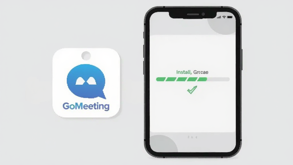 һ���ֻ��Ա߷���һ�����ɵİ�װ��ͼ�꣬ͼ���ϱ�ע��GoMeeting�����ֻ���Ļ��ʾ��װ������������ɣ�����Ϊ��Լ��ǳ��ɫ��������ɾ����䣬���ñ�ƽ����ƣ�ͻ����������ٵ����⣬�����������޶���װ�Ρ�