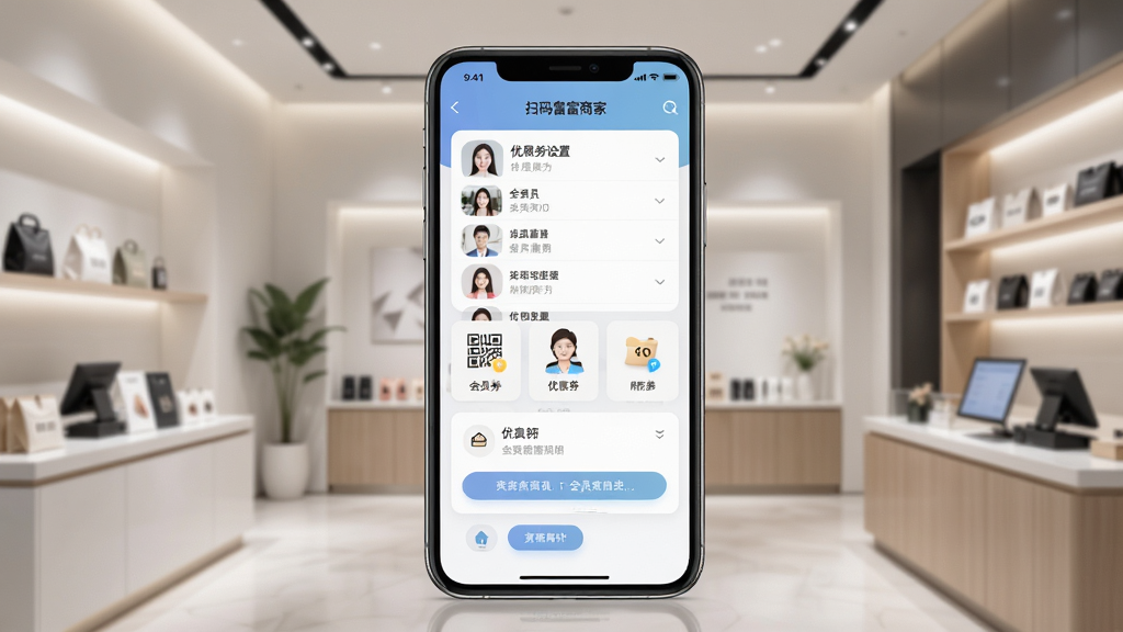 һ��ɨ�븻�̼�app��ԱӪ������չʾͼ����������Ϊ�ֻ���Ļ��ʾ��Ա�б����Ż�ȯ���ý��棬����Ϊ�ֻ����С�����Ϊ�����̳���������ִ�����ϸ�ڷḻ�����ʸ��塢����ɾ��޶���Ԫ��
