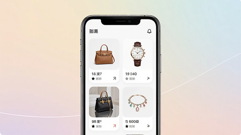 一部智能手机竖屏展示二手奢侈品交易应用界面,屏幕中呈现包袋、腕表、首饰等商品列表卡片,整体布局为居中手机主体加柔和渐变背景,风格为现代简约科技感,细节包括手机边框高光、界面卡片圆角、商品缩略图清晰,画面干净整洁,画质高清,无多余装饰元素