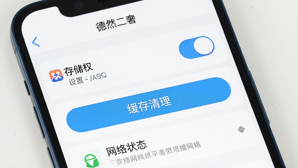 手机屏幕展示应用设置与权限管理界面,界面中包含存储权限开关、缓存清理按钮和网络状态提示,布局为纵向设置列表,风格为清晰实用的工具类界面设计,细节包括开关按钮圆润、文字说明简洁、图标统一,画质高清,干净整洁,屏幕顶部带有“德然二奢”字样
