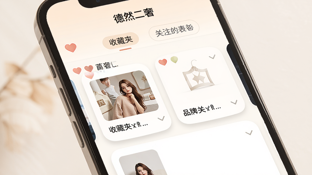 手机界面展示收藏夹与关注列表页面,页面中有心形收藏图标、商品缩略图卡片和品牌关注标签,布局为顶部标签切换加下方卡片列表,风格为温馨简约的移动端设计,细节包括图标圆润、卡片阴影柔和、文字清晰,画质高清,干净无多余元素,界面顶部显示“德然二奢”