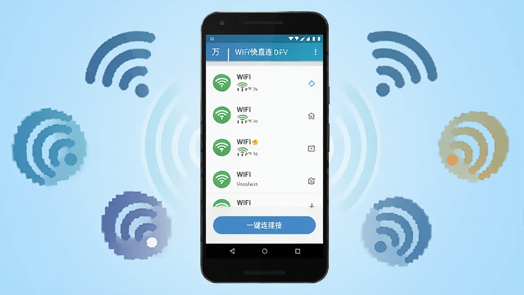 �����������һ����׿�ֻ����ֻ���Ļ��ʾ����WiFi��ֱ�����������棬��������WiFi�ź��б���һ�����Ӱ�ť���ֻ���Χ���ƶ�����������ź�ͼ�꣬����Ϊǳ��ɫ���䣬������ñ�ƽ���Ƽ����ϸ�ڸɾ���ˬ�������������޶���Ԫ��