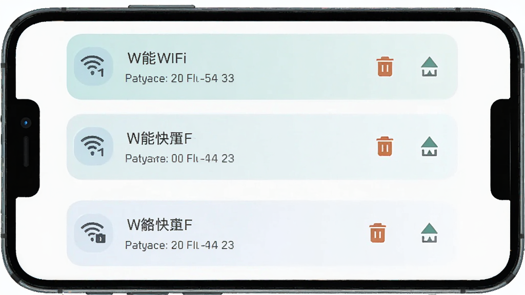 �ֻ�����չʾ����WiFi��ֱ�����ѱ����������ҳ�棬����WiFi��¼�������У�ÿ����¼����ɾ�����ö�ͼ�꣬������ɫ��ͣ���ƽ����񣬲������������ʸɾ����޶���Ԫ��