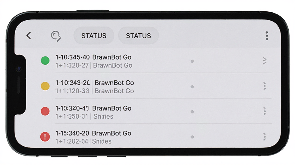 �ֻ���Ļ��ʾ BrawnBot Go ��������־ҳ�棬��־���б���ʽ���У�ÿ����¼ǰ�в�ͬ��ɫ��״̬Բ�㣬����һ����ɫ��¼���и�̾��ͼ�ꣻ��Ļ������ɸѡ��ǩ������Ϊǳɫ���棬����Ϊ�ֻ�����չʾ�����Ϊ�����Ϣ�б���ƣ�ϸ�ڰ�����־ʱ�����״̬���֡��ָ��ߣ����ʸ��壬����ɾ����޶���Ԫ��