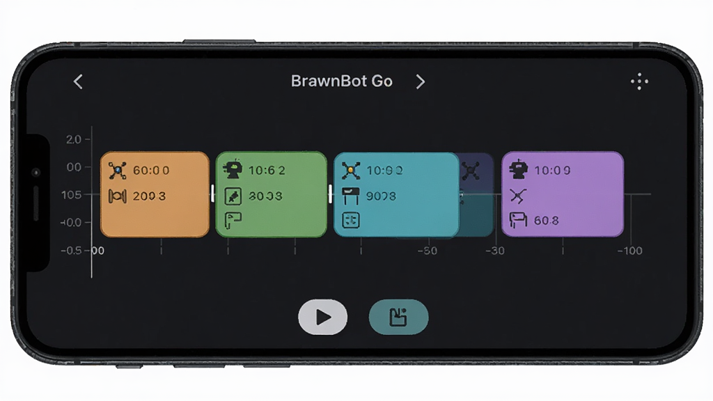 �ֻ���Ļ��ʾ BrawnBot Go �Ķ�������ʱ������棬ʱ�������ж����ɫָ����������У�ÿ��ָ����עͼ���ʱ�����֣���Ļ�·��в����뱣�水ť������Ϊ��ɫ�������⣬����Ϊ�ֻ�����ƽ��չʾ�����Ϊ UI ����չʾͼ��ϸ�ڰ���ָ����Բ����ơ�ʱ��̶��ߡ�ѡ�и���״̬�����ʸ��壬����ɾ����޶���Ԫ��