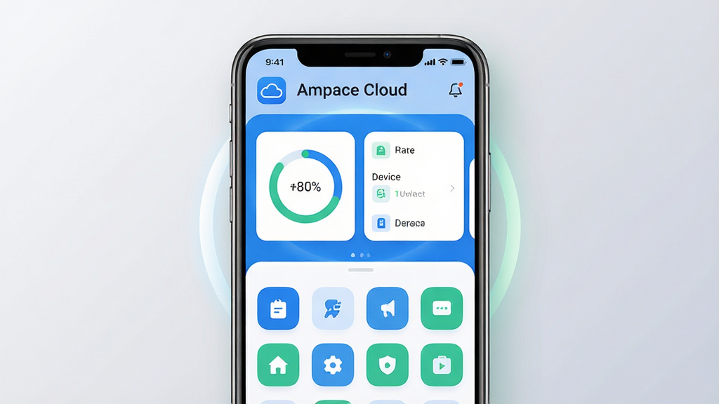 ��������Ϊһ�������ֻ����з��ã���Ļ��ʾ��Ampace Cloud��Ӧ�������棬������������ͼ���豸�б���Ƭ�����ֲ������·ֲ㣬�Ϸ�ΪƷ�Ʊ�ʶ���·�Ϊ����ͼ������Ű���Գƣ����Ϊ�ִ��Ƽ��б�ƽ����ƣ�ϸ�ڴ�����͹�����ϸ����ߣ�����Ϊǳ�ҽ��䣻���������ɾ����޶���Ԫ�أ�����ɫ���԰ס�������Ϊ����
