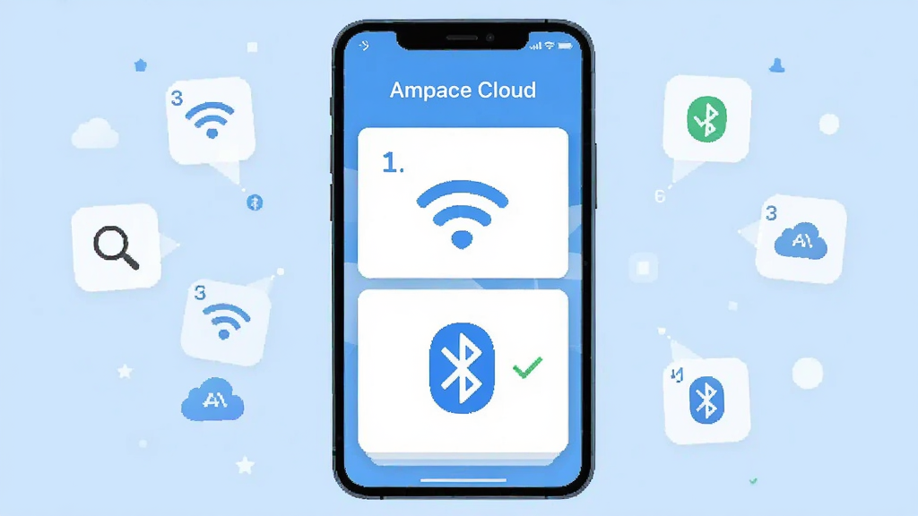 �ֻ���Ļ��ʾ��Ampace Cloud�������Ų�ҳ�棬��������WiFiͼ�ꡢ����ͼ����Թ���ǣ�����Ϊ�ֻ����С�����Ư��Сͼ�ꣻ�Ű�ͻ���Ų鲽����ţ����Ϊ��ƽ����Ϣͼ��ϸ�ں�ǳ���������ɫ��Ƭ�����ʸɾ��������޶���װ�Ρ�
