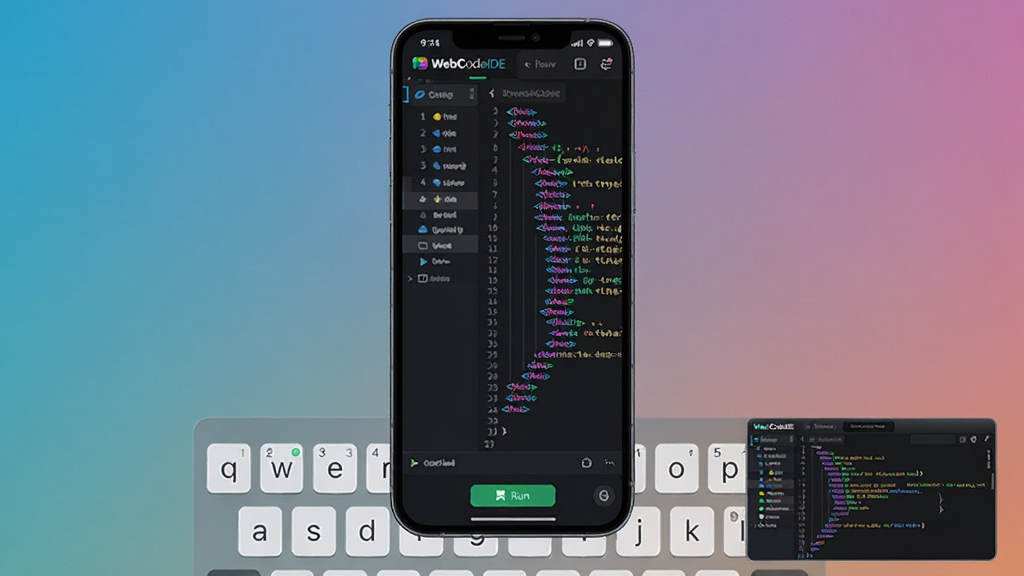 画面主体是一部竖屏智能手机,屏幕上显示 WebCodeIDE 的深色代码编辑界面,左侧为文件列表,右侧为彩色语法高亮的 HTML 代码,底部有运行按钮;布局采用居中构图,手机下方有半透明键盘与代码预览小窗;排版干净,风格为现代科技感 UI 展示图,细节包含代码行号、括号匹配高亮、顶部标签页;画质清晰锐利,背景为纯色渐变,干净无多余元素,图中文字为