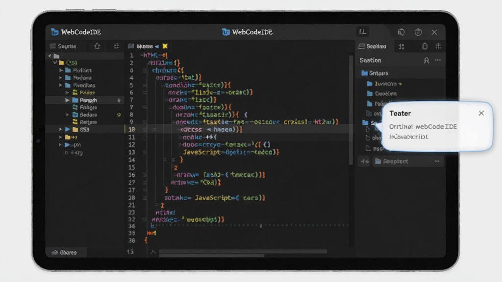 画面主体为一部横放的平板电脑,屏幕上显示 WebCodeIDE 编辑界面,代码区用多种颜色区分 HTML 标签、CSS 属性与 JavaScript 关键字,右侧浮出一个小的智能提示气泡;布局为左右分栏,左侧文件树、中间代码区、右侧提示面板;排版整齐,风格为扁平化科技插画,细节包含行号、缩进参考线、高亮选中的标签对;画质清晰,背景浅灰,干净无多余元素,图中文字为