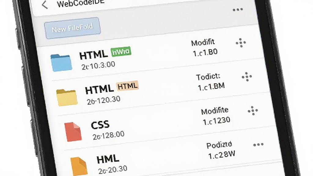 画面主体为一部手机,屏幕上显示 WebCodeIDE 的文件管理界面,列出多个文件夹与 HTML、CSS 文件条目,每个条目右侧有更多操作图标;布局为纵向列表,顶部有新建文件夹按钮;排版清晰,风格为移动端 UI 示意图,细节包含文件类型图标、修改时间、存储占用提示;画质干净锐利,背景纯白,无多余元素,图中文字为
