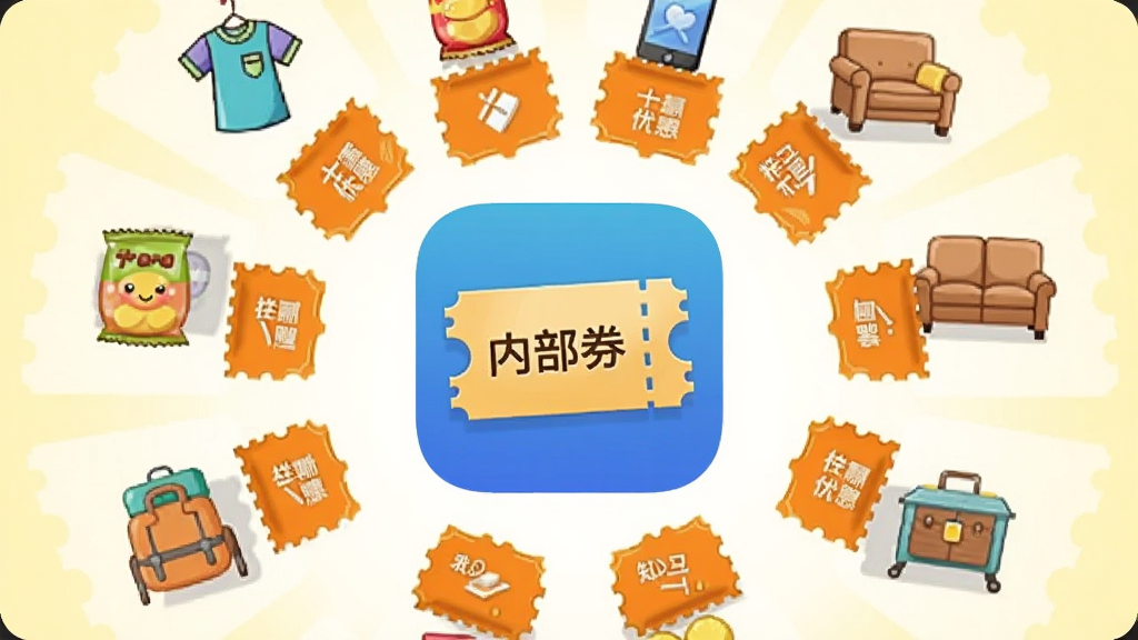 ���������ǡ��ڲ�ȯ��Ӧ��ͼ�꣬ͼ����Χ�ʷ���״�����Ÿ�����Ʒͼ�꣬�����·�����ʳ���ֻ����Ҿߵȣ�ÿ����Ʒͼ���·�����һ�ų�ɫ�Ż�ȯ��ǩ�����岼�ֳ�Բ�η���״�����Ϊ��ͨ��ƽ���廭��ɫ���������ã�����Ϊ����ɫ�����������ɾ����޶���Ԫ��