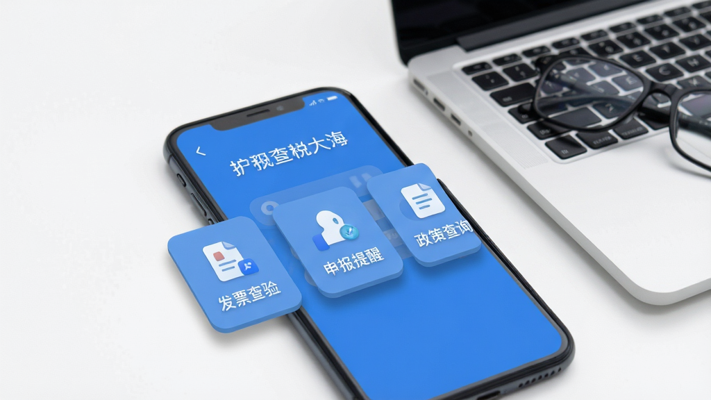 手机屏幕展示蓝色税务应用界面,主页面有发票查验、申报提醒、政策查询三个功能卡片,背景是简洁的白色办公桌面,旁边放着一台笔记本电脑和一副眼镜,风格为现代扁平化UI展示,细节包含图标阴影和卡片圆角,画质清晰干净无多余元素