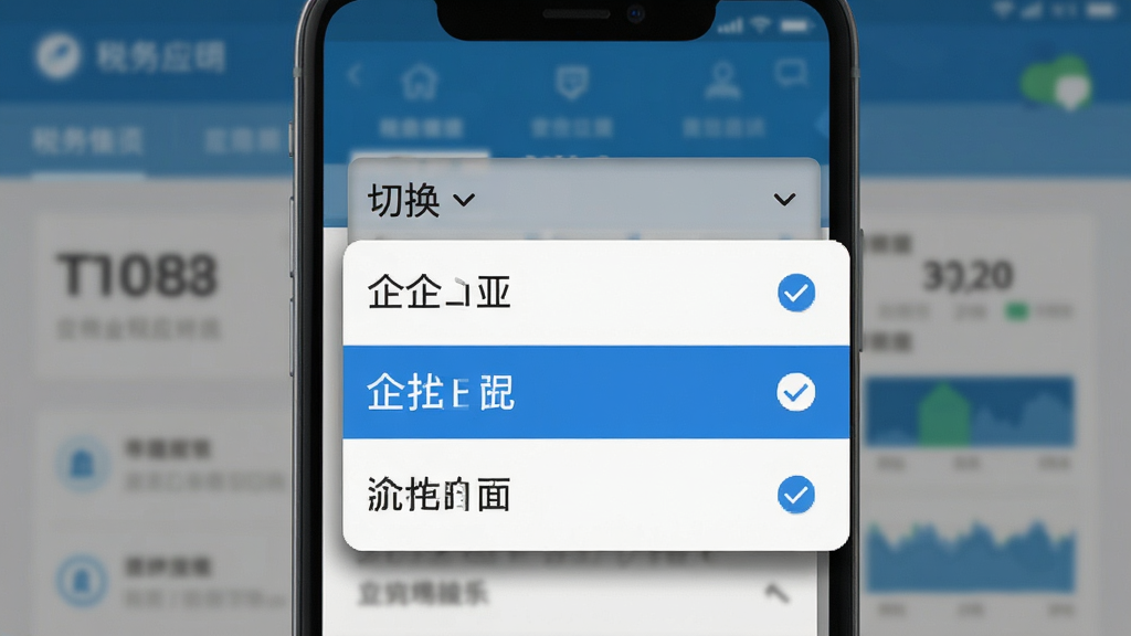 手机屏幕展示企业切换下拉菜单,菜单中列出三个企业名称并带有勾选标记,背景为模糊的税务应用主页,风格为移动端交互界面展示,细节包含下拉阴影和选中高亮,画质清晰干净无多余元素