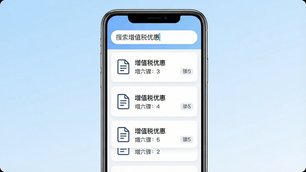 手机屏幕展示办税指南列表页,每条指南带有文档图标和步骤数量标注,顶部有搜索框输入增值税优惠,背景为浅蓝色渐变,风格为简洁信息展示界面,细节包含图标线条和文字层级,画质清晰干净无多余元素
