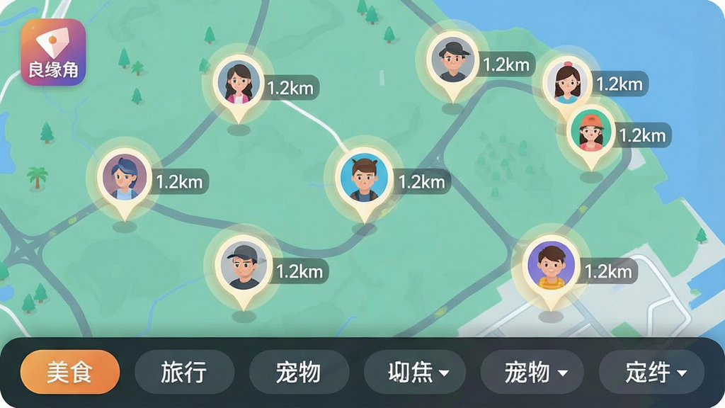 ����չʾһ�������ͼ���棬��ͼ��ɢ�����Բ��ͷ���ǣ�����Ա�ע������ֵ�硰1.2km������ͼ�·�����Ȥ��ǩѡ��������������ʳ�������С���������������������Ͻ��С���Ե�ǡ�Ӧ��ͼ�꣬����Ϊ��ͼռ�������塢��ǩ���ӵײ�������ִ���ƽ��ͼ�磬ϸ����ͷ���Ǵ�ǳɫ���Ρ������������������ʸɾ�����