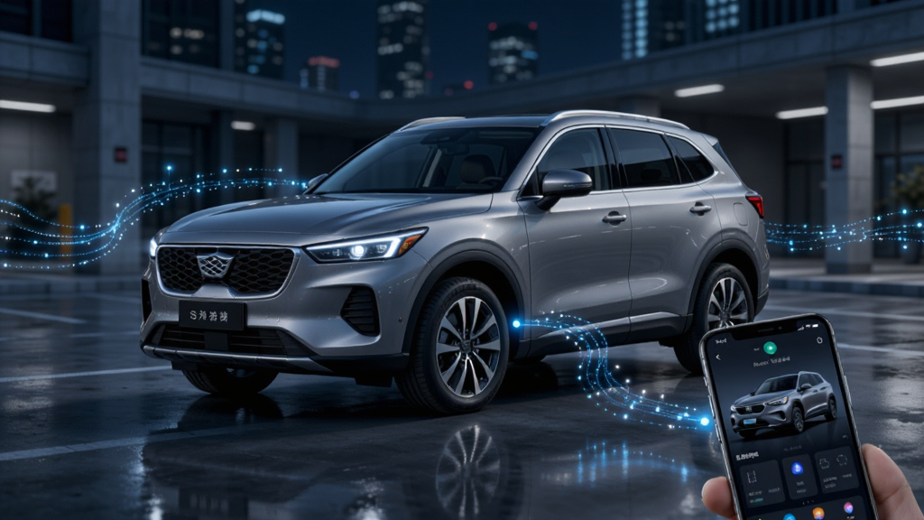 ��������Ϊһ����ɫ������ԽL SUVͣ�����ִ�����ҹ��ͣ�����У�������Χ�����ŷ������ɫ����������������һ�������ֻ����ֻ���Ļ��ʾ�����������棬����Ϊ�������С��ֻ�λ�����½ǣ��Ű���ú��������ͼ�����Ϊ�Ƽ���дʵ��Ⱦ��ϸ�ڰ�������΢�⡢���淴�⡢����������Ч�������ʸ���ɾ��������в����ֶ�������Ԫ��